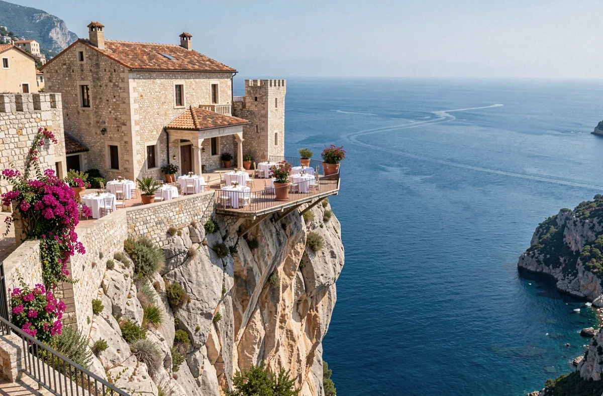 Château de la Chèvre d'Or à Èze dans les Alpes-Maritimes, terrasse de réception perchée sur les falaises du village médiéval avec vue panoramique sur la Méditerranée