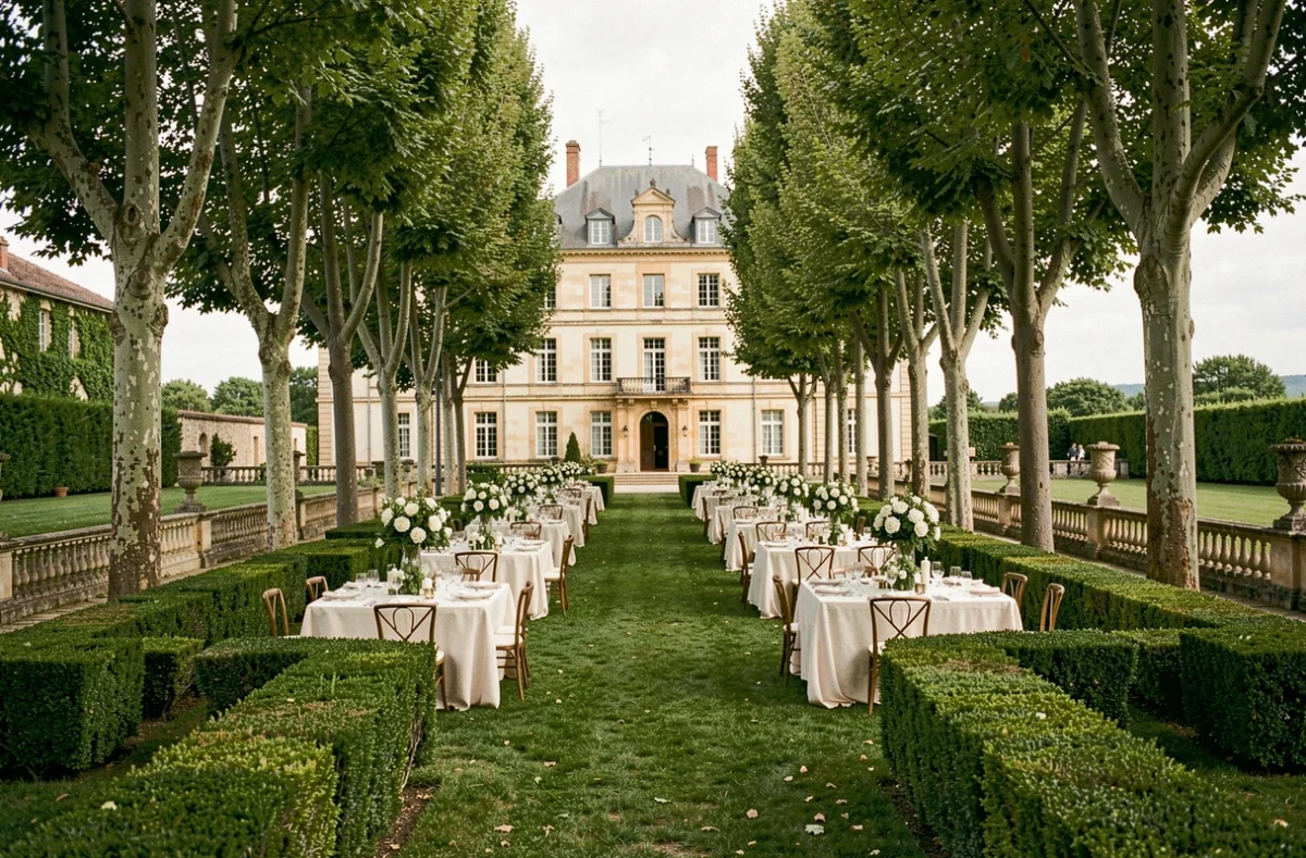 Château de Sannes à Sannes dans le Vaucluse, allée de platanes menant à un jardin à la française avec tables de réception de mariage sur pelouse bordée de buis taillés