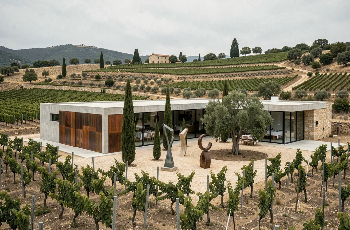 Château La Coste au Puy-Sainte-Réparade dans les Bouches-du-Rhône, domaine viticole contemporain avec espace de réception ouvert intégré aux vignobles en terrasses