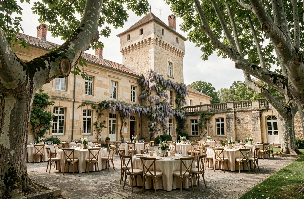 Cour intérieure du Château de la Tour Vaucros à Sorgues dans le Vaucluse, décorée pour une réception de mariage sous des platanes centenaires