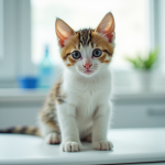 Chaton curieux sur table d'examen vétérinaire blanche