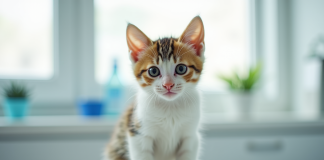 Chaton curieux sur table d'examen vétérinaire blanche