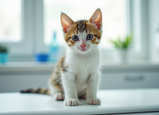 Chaton curieux sur table d'examen vétérinaire blanche