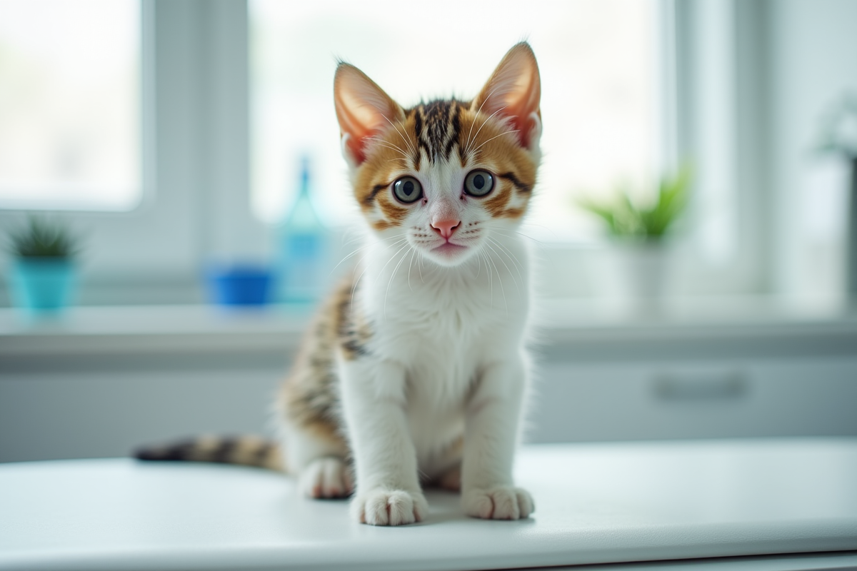 Chaton curieux sur table d'examen vétérinaire blanche
