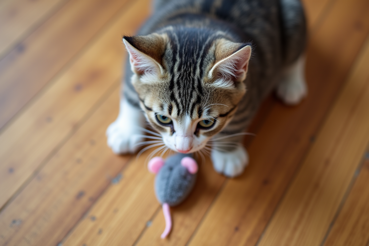 Chaton gris et blanc examinant un jouet souris en bois