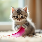 Chaton gris et blanc jouant avec une plume colorée