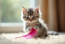 Chaton gris et blanc jouant avec une plume colorée