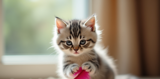 Chaton gris et blanc jouant avec une plume colorée