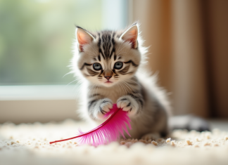 Chaton gris et blanc jouant avec une plume colorée