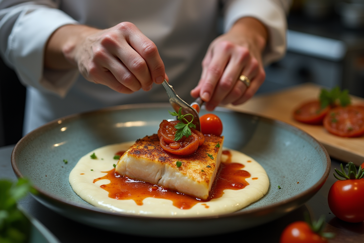 Chef garnissant un filet de cod avec chorizo en cuisine moderne