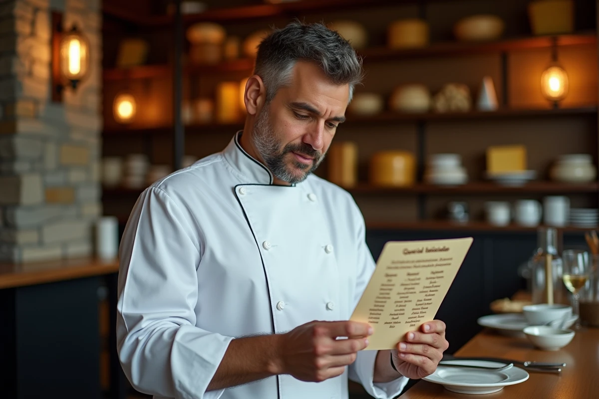 Chef cuisinier consultant un lexique bilingue espagnol-français sur le vocabulaire fromager en restauration