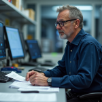 Chercheur scientifique dans un laboratoire NASA contemplant un ordinateur quantique