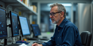 Chercheur scientifique dans un laboratoire NASA contemplant un ordinateur quantique