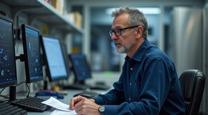 Chercheur scientifique dans un laboratoire NASA contemplant un ordinateur quantique