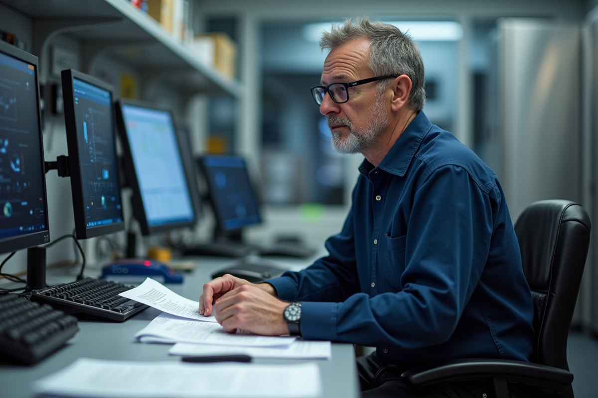 Chercheur scientifique dans un laboratoire NASA contemplant un ordinateur quantique