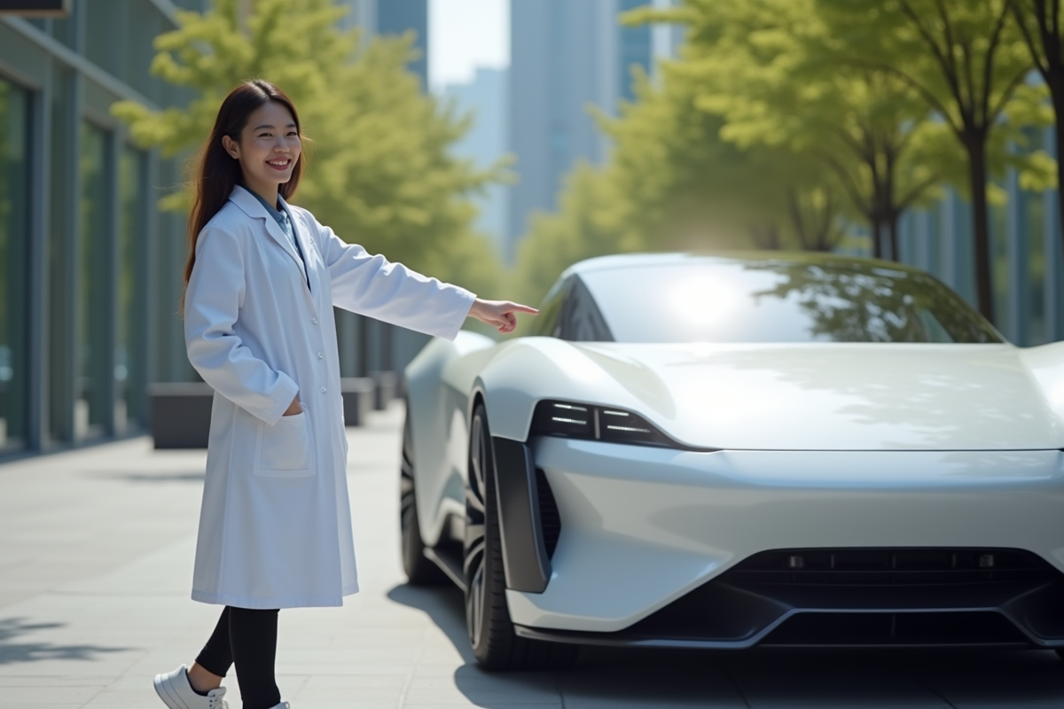 Jeune femme chercheuse pointant vers voiture hydrogene