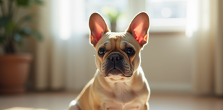 Bouledogue français seul sur le sol lumineux du salon