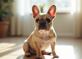 Bouledogue français seul sur le sol lumineux du salon