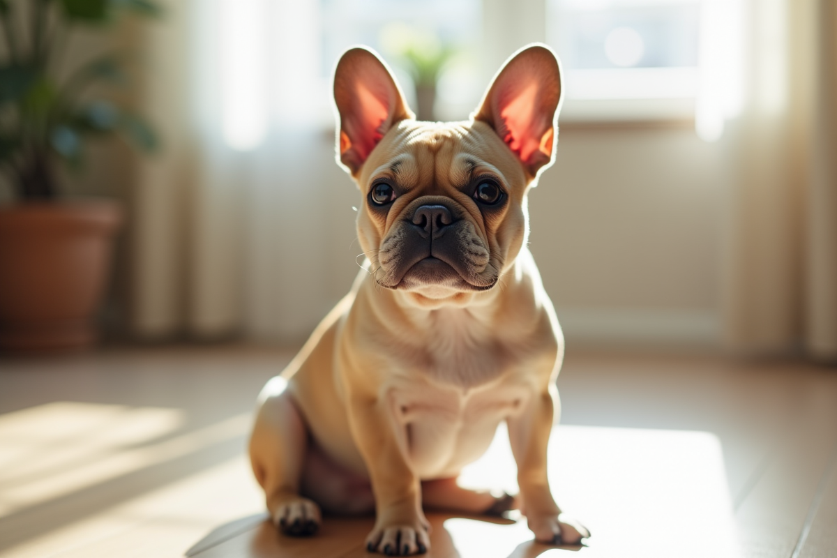Bouledogue français seul sur le sol lumineux du salon