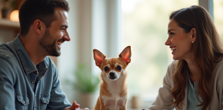 Chihuahua assis entre un éleveur et un acheteur souriants