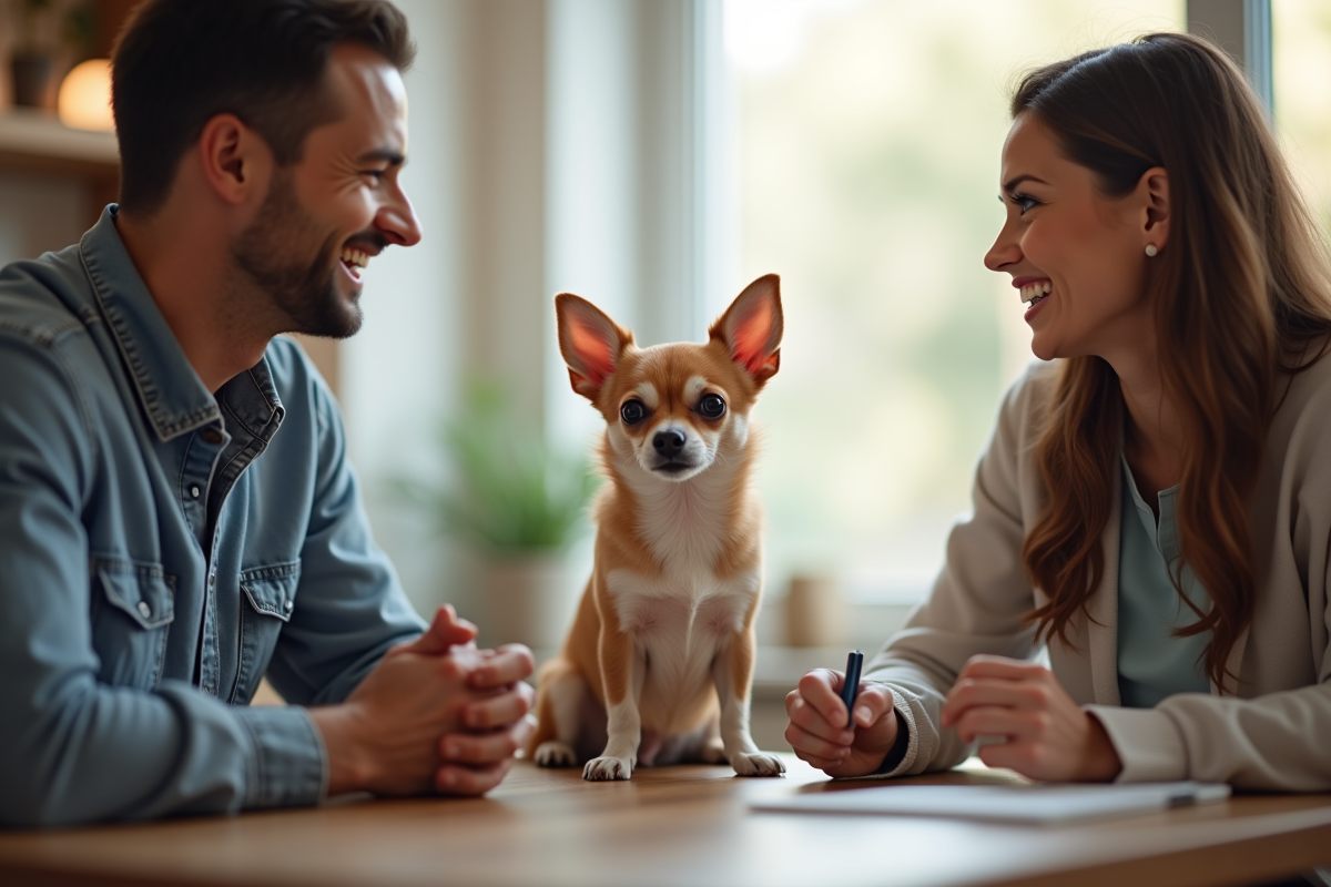 Chihuahua assis entre un éleveur et un acheteur souriants