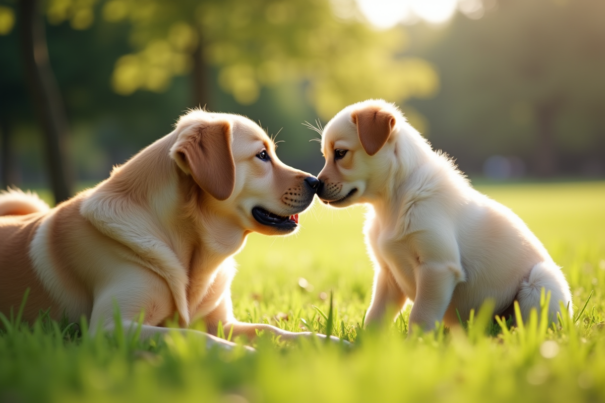 Chiot Labrador reniflant un autre chien dans un parc ensoleille