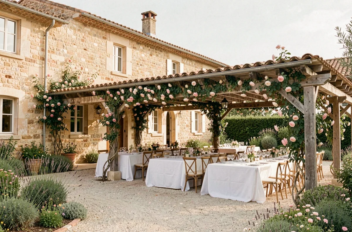 Le Clos du Tuilier dans le Gard rhodanien aux portes de la Provence, mas en pierre restauré avec pergola fleurie et tables de banquet dressées sur cour en gravier