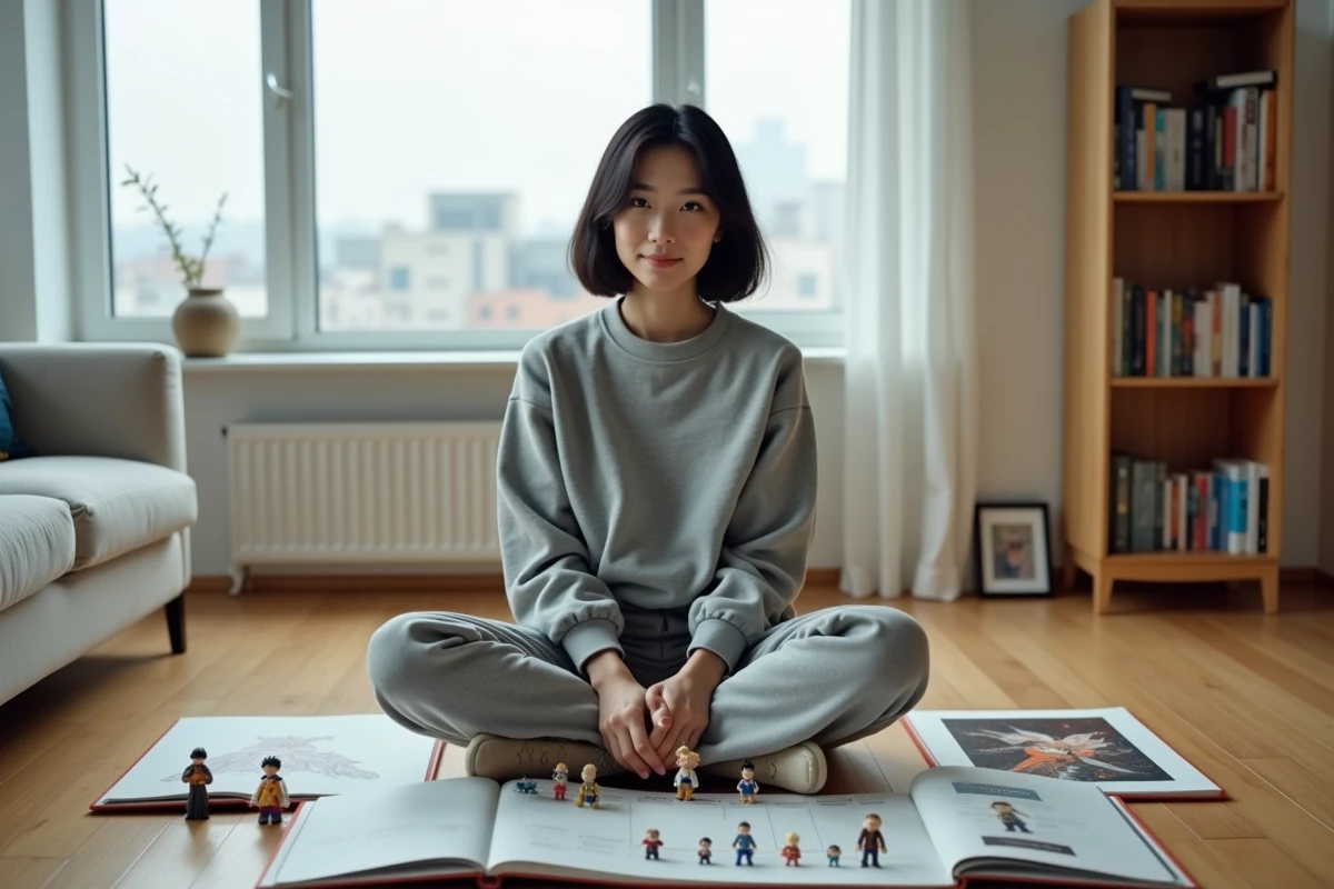Femme entourée de figurines Dragon Ball classées par époque Z GT Super et de livres de comparaison d'âges dans un appartement minimaliste