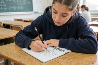 Collégienne écrivant le symbole environ dans un cahier de mathématiques en classe
