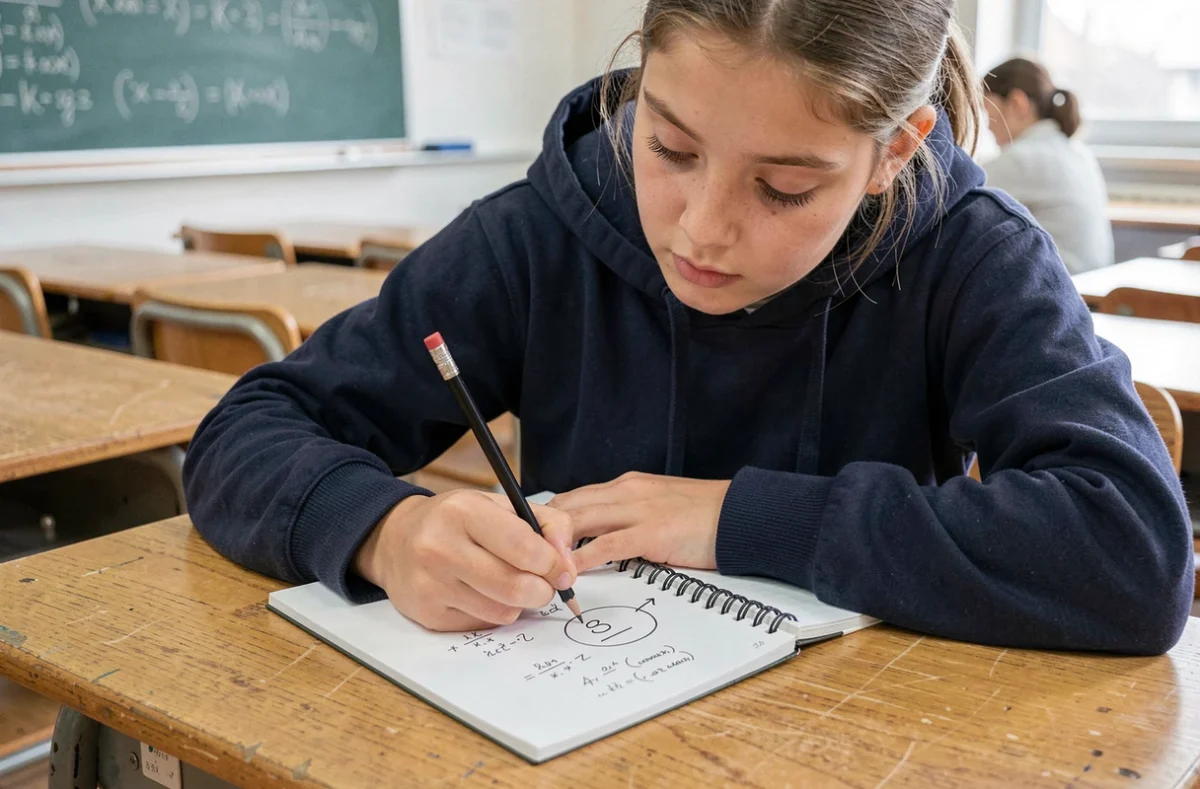 Collégienne écrivant le symbole environ dans un cahier de mathématiques en classe