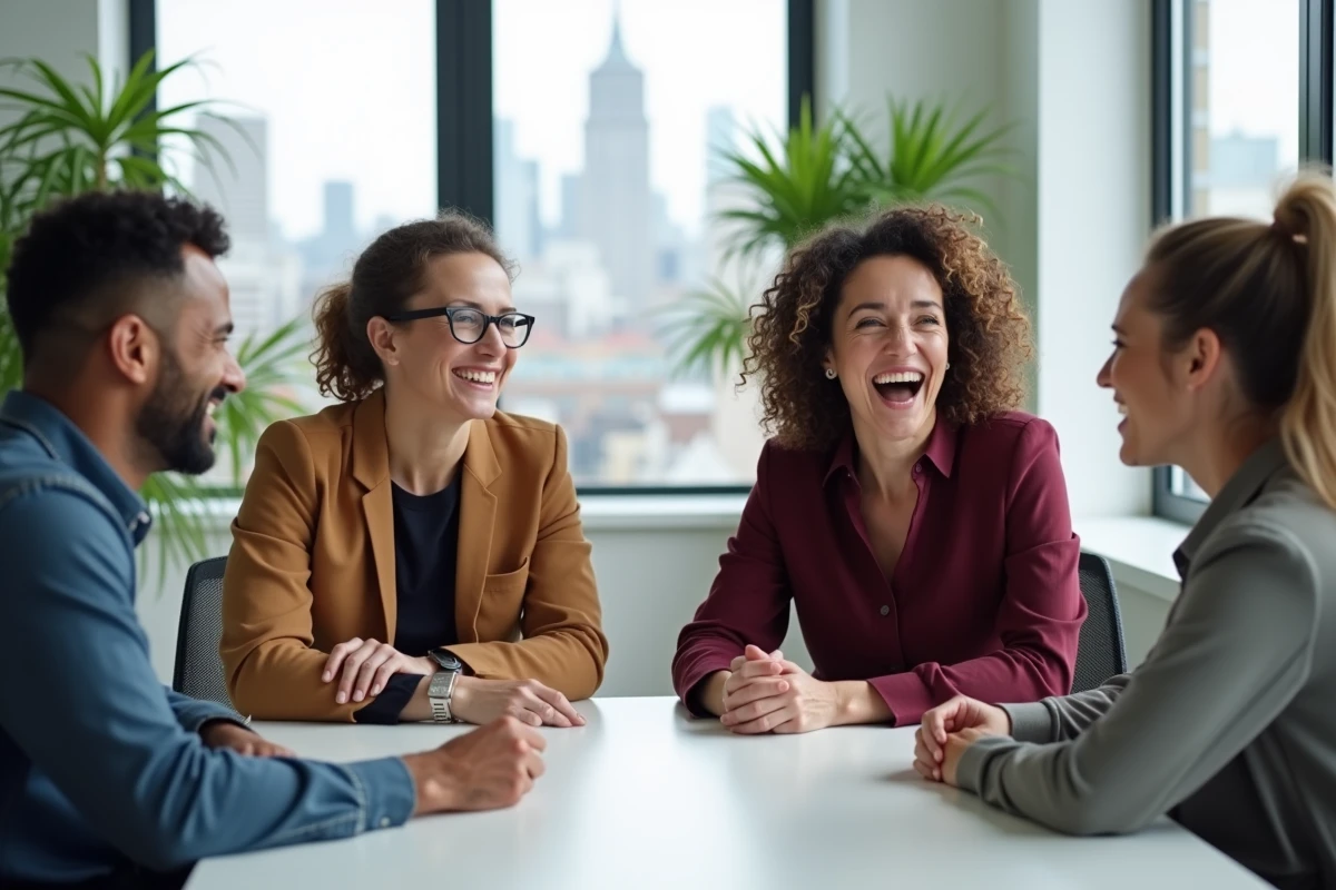 Groupe de collègues diversifiés éclatant de rire autour d'une table de réunion moderne dans un bureau ouvert
