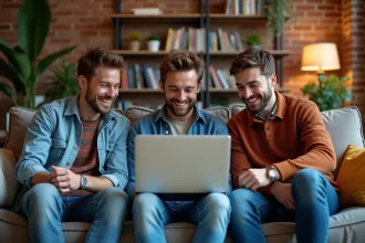 Trois comédiens français rient ensemble dans un salon parisien