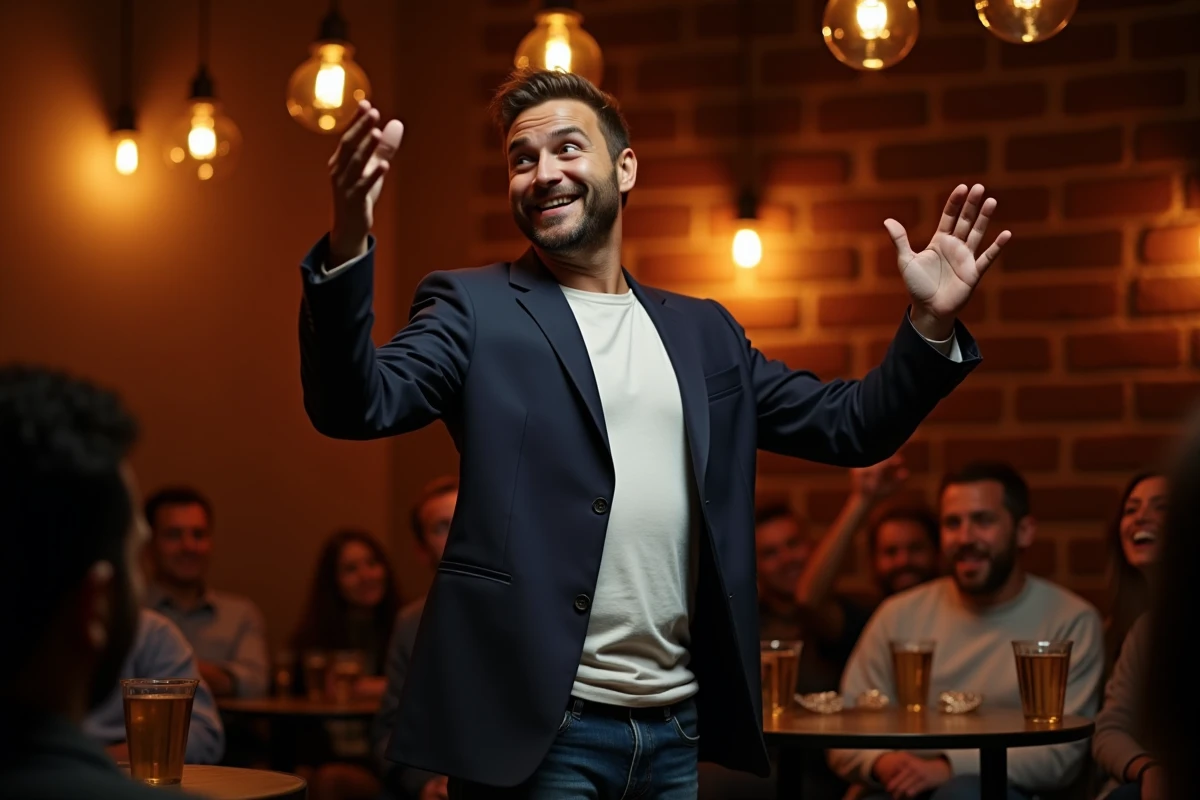 Comédien charismatique sur scène dans un club de comédie intime, gesticulant avec humour devant un public qui rit