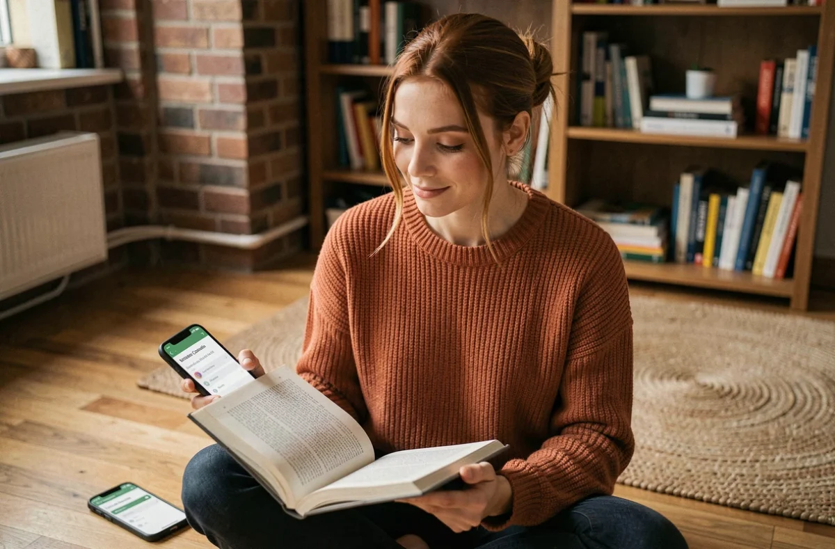 Jeune femme comparant une application de traduction et un manuel de politesse espagnole chez elle
