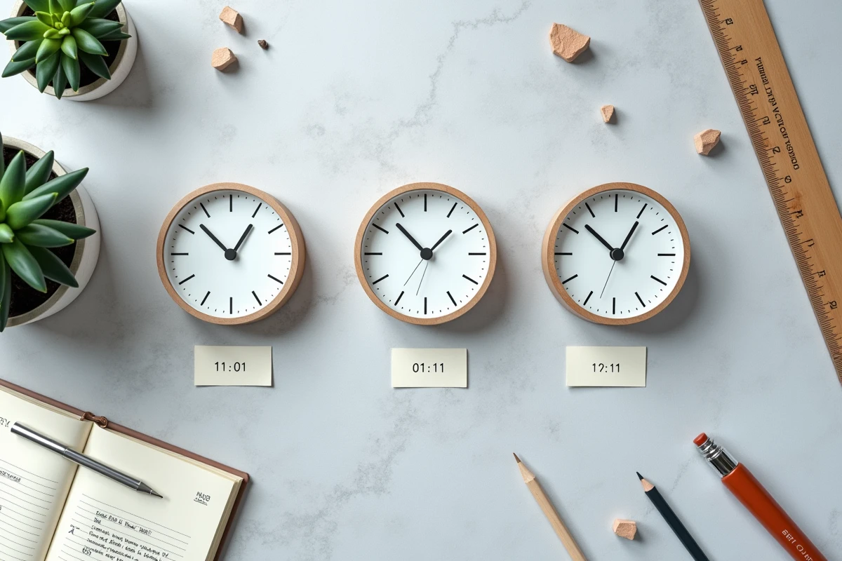 Vue aérienne de trois horloges affichant 11h01, 01h11 et 11h11 disposées côte à côte sur une surface en pierre grise