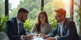 Conseiller financier présentant un plan d'investissement aux couple