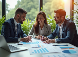 Conseiller financier présentant un plan d'investissement aux couple