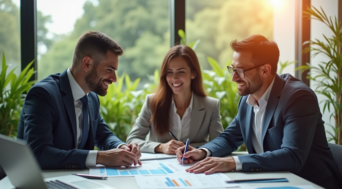 Conseiller financier présentant un plan d'investissement aux couple