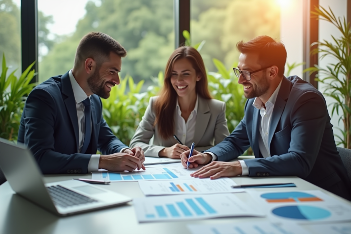 Conseiller financier présentant un plan d'investissement aux couple