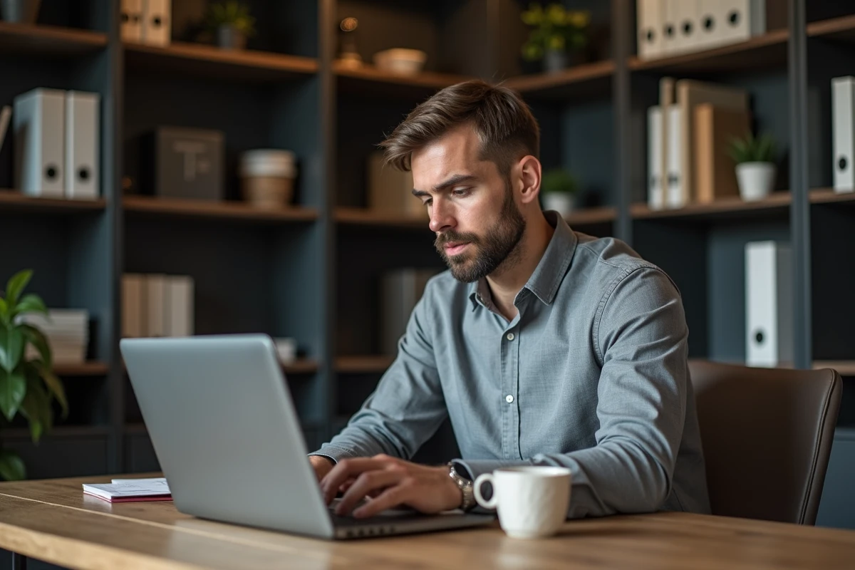 Entrepreneur consultant utilisant une veille d'actualités en ligne pour se tenir informé et renforcer sa crédibilité professionnelle
