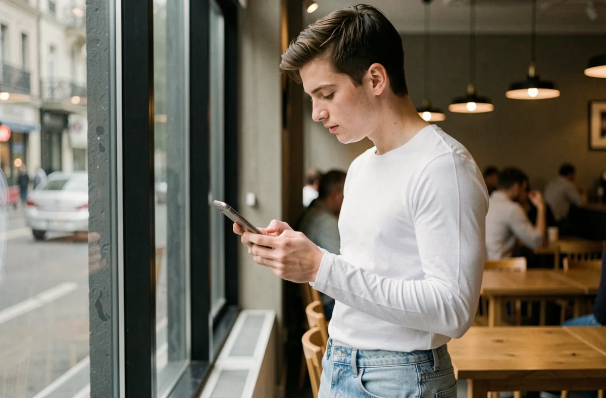 Personne vérifiant discrètement des stories Instagram dans un café urbain avec un smartphone