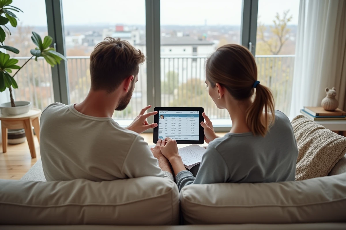 Couple comparant des promotions du Cyber Lundi sur une tablette avec un budget imprimé dans un salon de style scandinave