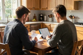 Couple examinant des documents de prêt immobilier à une table