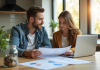 Jeune couple professionnel dans une cuisine moderne examinant des documents financiers