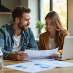 Jeune couple professionnel dans une cuisine moderne examinant des documents financiers