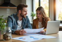 Jeune couple professionnel dans une cuisine moderne examinant des documents financiers