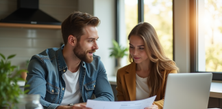 Jeune couple professionnel dans une cuisine moderne examinant des documents financiers