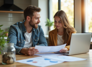 Jeune couple professionnel dans une cuisine moderne examinant des documents financiers