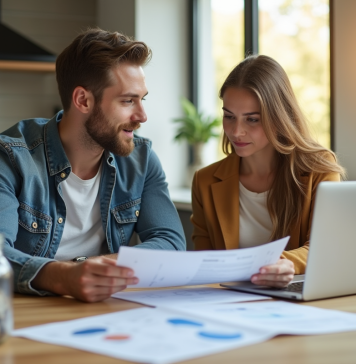 Jeune couple professionnel dans une cuisine moderne examinant des documents financiers