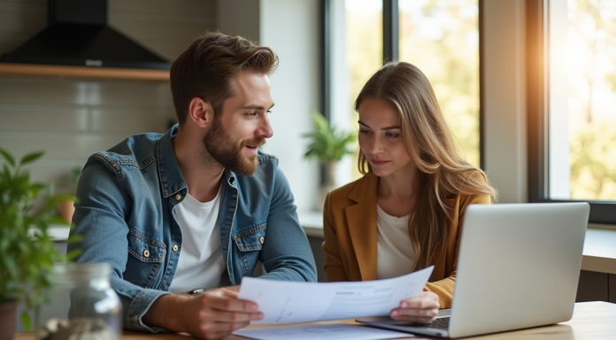 Jeune couple professionnel dans une cuisine moderne examinant des documents financiers